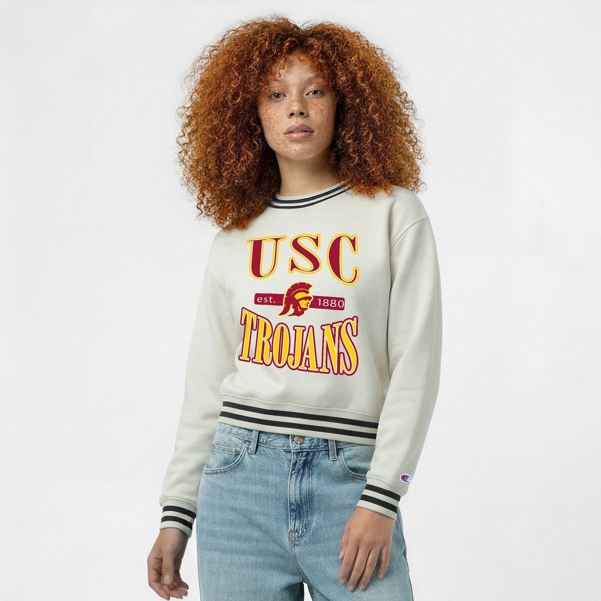 Women's Champion  White USC Trojans Yarn Dye Rib Reverse Weave Crew Sweatshirt